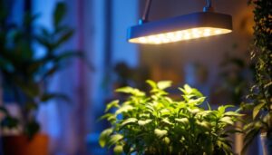 A photograph of a well-designed plant light fixture in a modern indoor garden setting