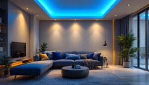 A photograph of a modern living space featuring sleek 4-inch led recessed lights in the ceiling