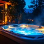A photograph of a beautifully illuminated hot tub at dusk