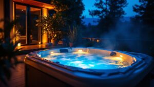 A photograph of a beautifully illuminated hot tub at dusk