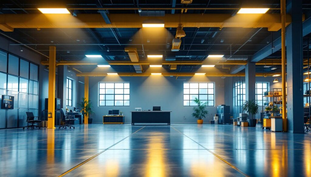A photograph of a well-lit commercial space showcasing a variety of lighting installations