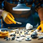 A photograph of a skilled lighting contractor working on a ceiling light fixture