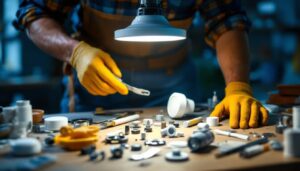 A photograph of a skilled lighting contractor working on a ceiling light fixture