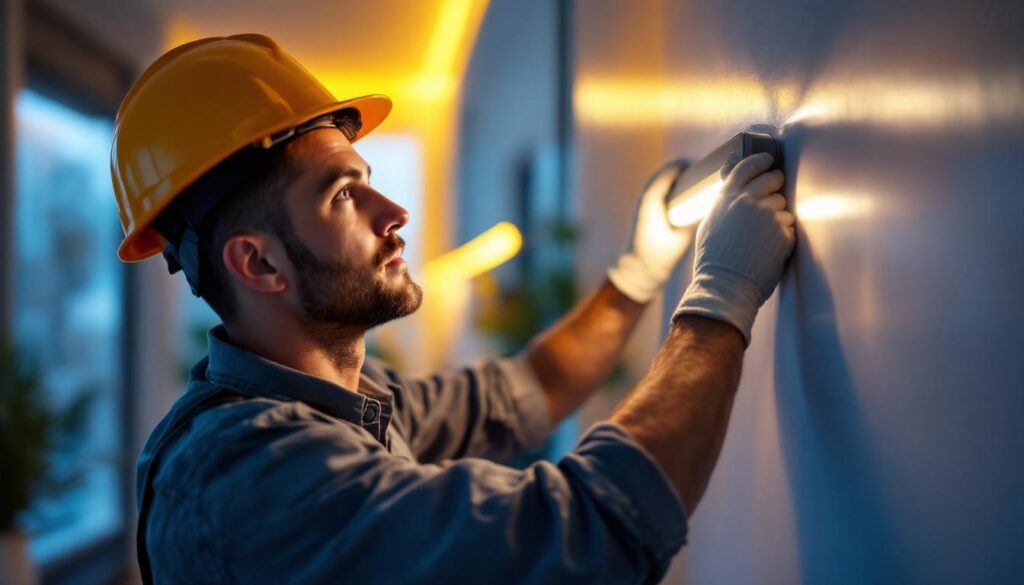 A photograph of a lighting contractor installing led canned lights in a modern home setting