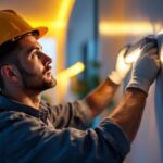 A photograph of a lighting contractor installing led canned lights in a modern home setting