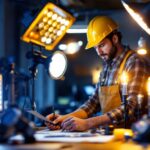 A photograph of a skilled lighting contractor at work