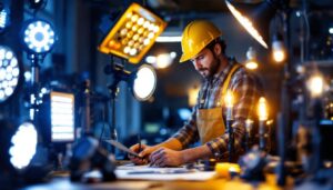 A photograph of a skilled lighting contractor at work
