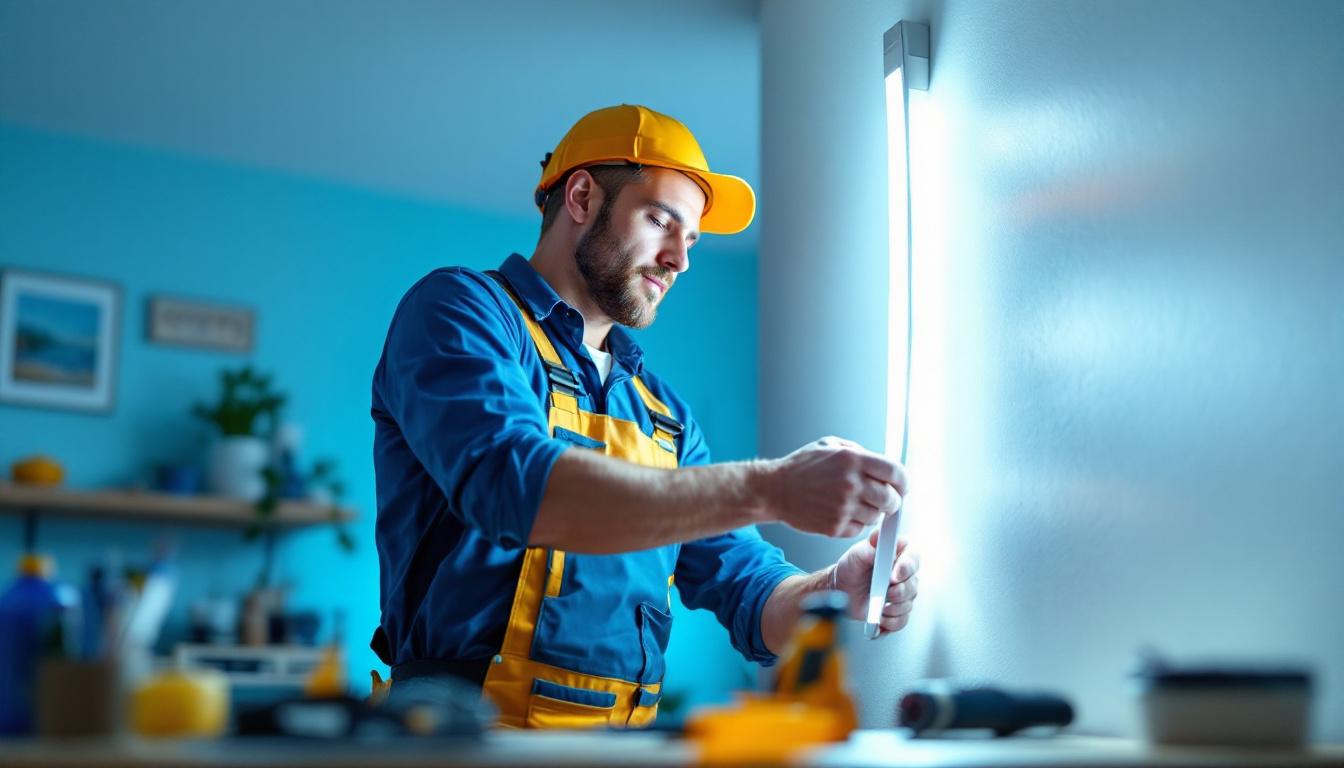 A photograph of a lighting contractor installing a replacement led strip in a residential or commercial setting