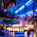 A photograph of a lighting contractor skillfully installing led strip lights in a modern space