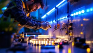 A photograph of a lighting contractor skillfully installing led strip lights in a modern space