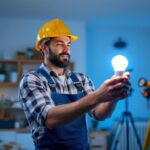 A photograph of a lighting contractor installing a type s led bulb in a residential or commercial setting