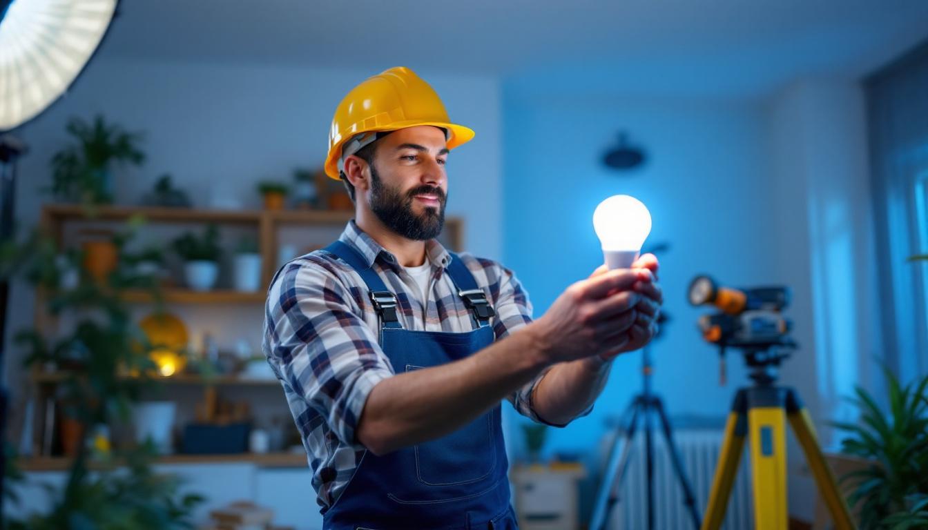 A photograph of a lighting contractor installing a type s led bulb in a residential or commercial setting