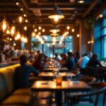 A photograph of a bustling restaurant scene featuring warm