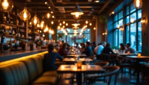 A photograph of a bustling restaurant scene featuring warm