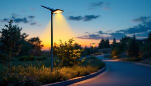 A photograph of a tall solar light post installed in an outdoor setting