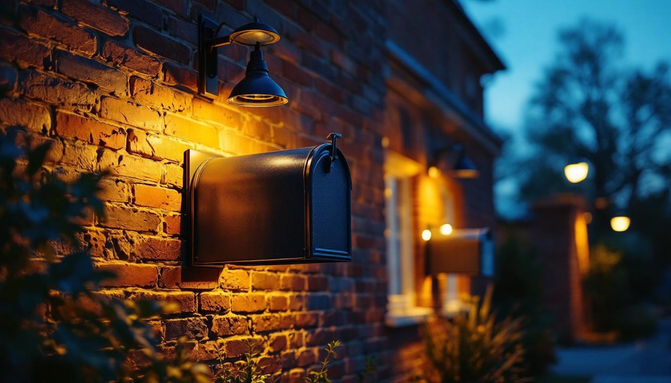 A photograph of a beautifully designed brick mailbox illuminated by soft