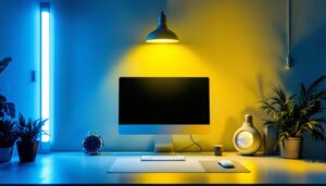 A photograph of a modern workspace featuring a vibrant