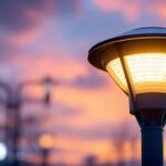 A photograph of a solar lamp post head illuminated at dusk