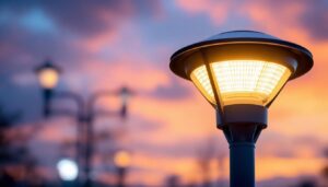 A photograph of a solar lamp post head illuminated at dusk