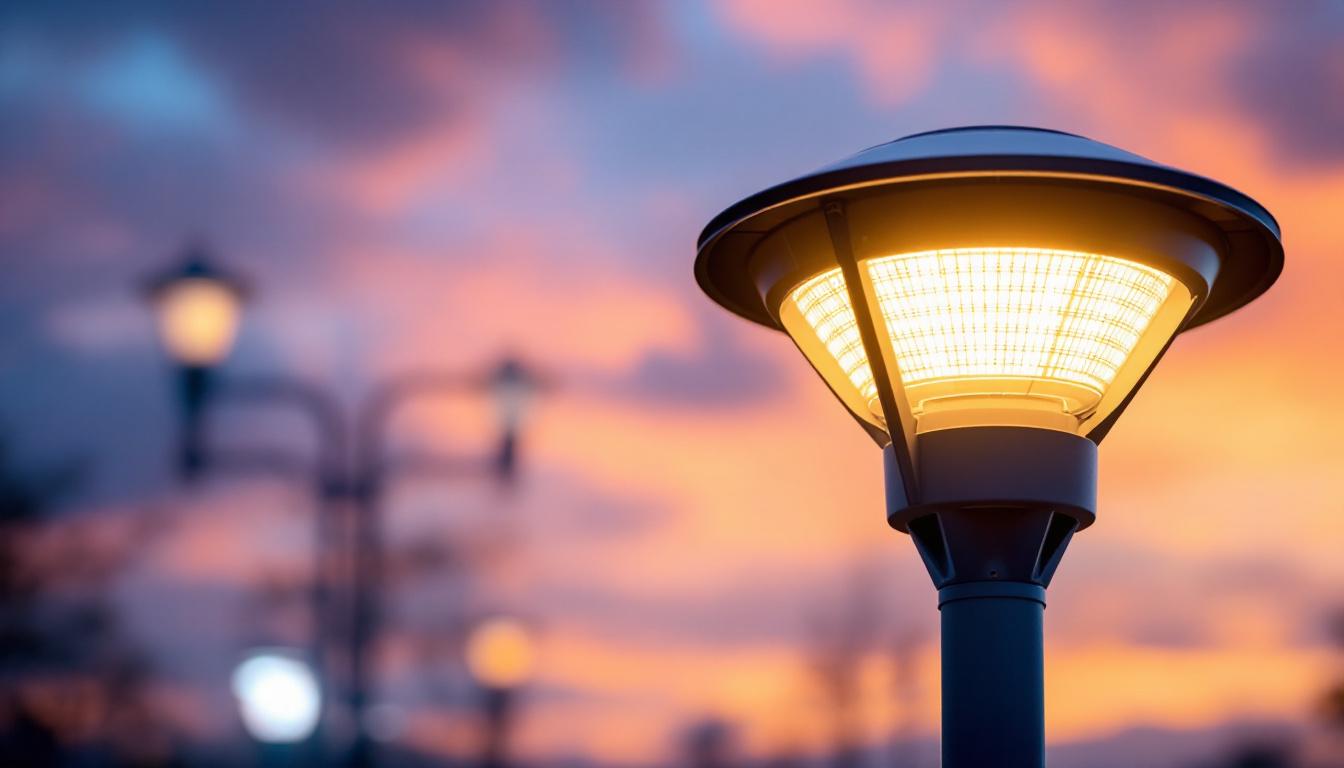 A photograph of a solar lamp post head illuminated at dusk