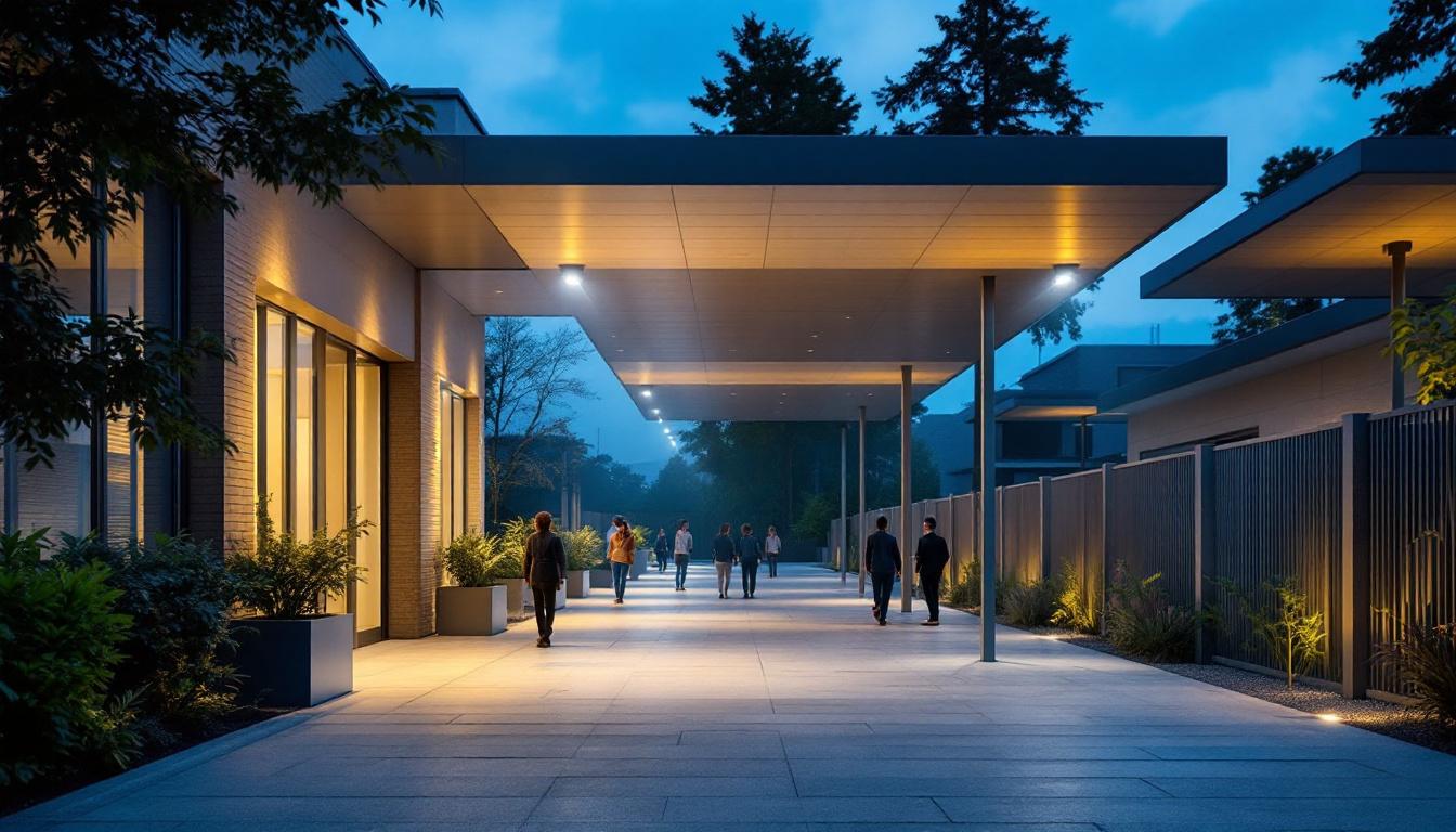 A photograph of a well-lit outdoor space featuring parabolic lighting fixtures