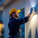 A photograph of a lighting contractor installing a light motion detector in a residential or commercial setting