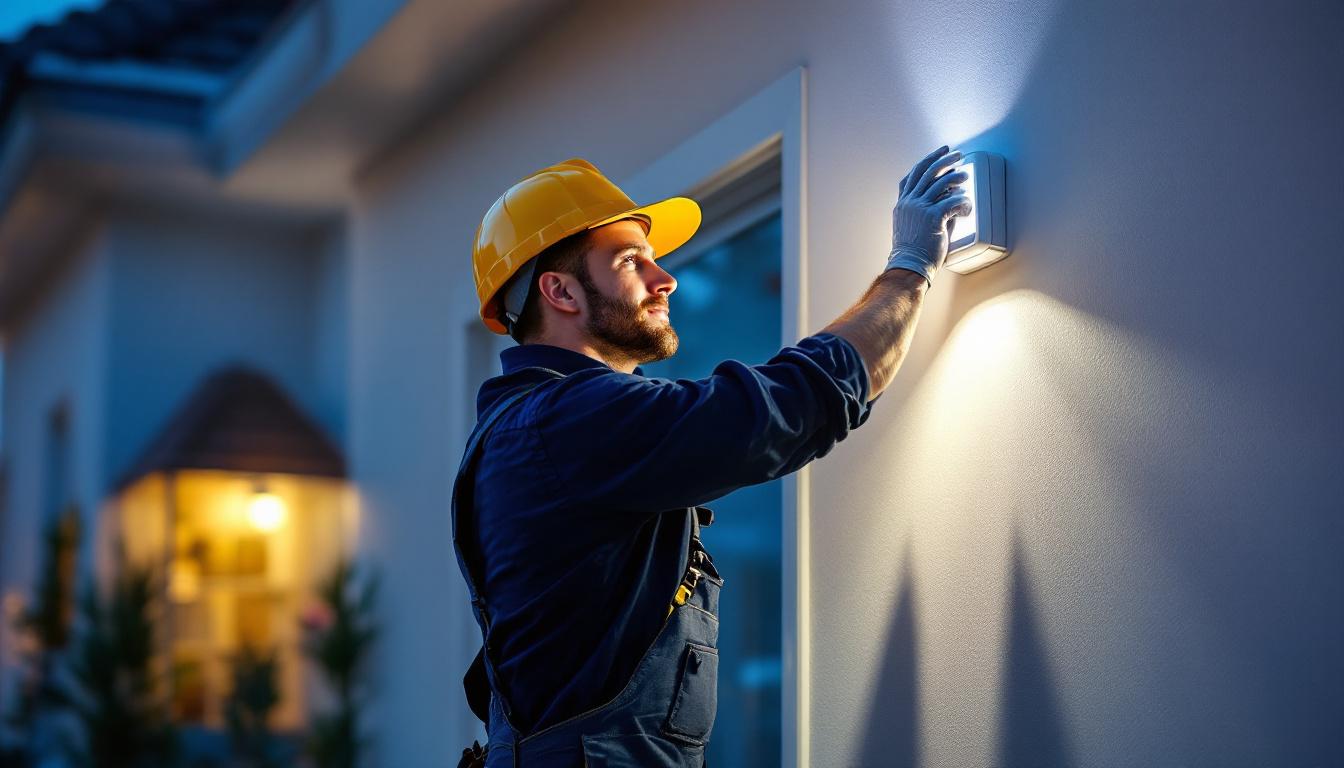 A photograph of a lighting contractor installing a light motion detector in a residential or commercial setting
