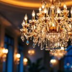 A photograph of a beautifully designed commercial chandelier in an elegant setting