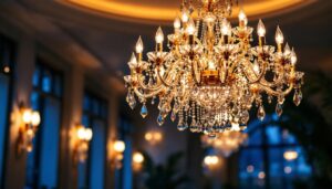 A photograph of a beautifully designed commercial chandelier in an elegant setting