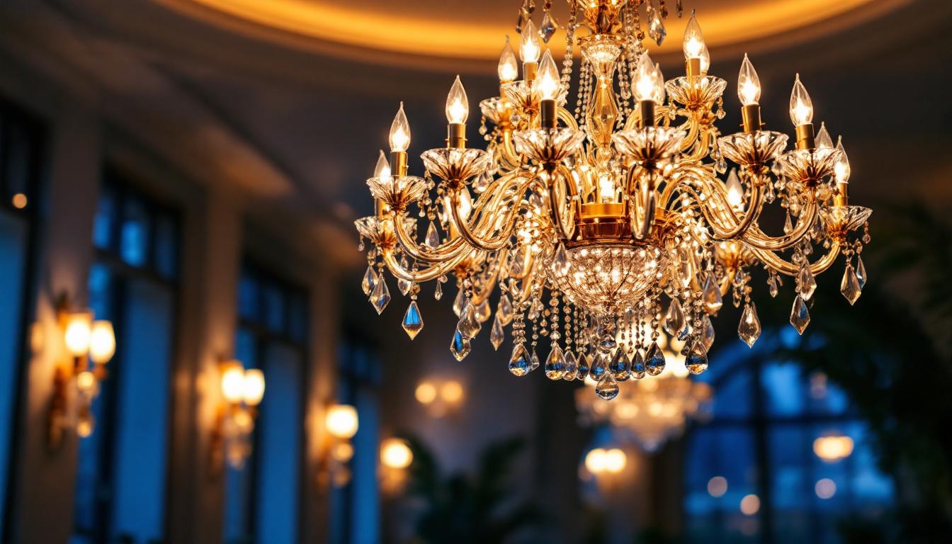 A photograph of a beautifully designed commercial chandelier in an elegant setting