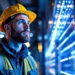 A photograph of a lighting contractor examining a modern led lighting installation in a commercial space