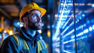 A photograph of a lighting contractor examining a modern led lighting installation in a commercial space