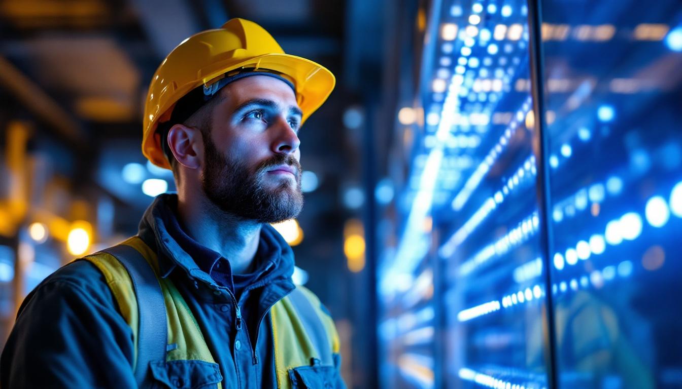 A photograph of a lighting contractor examining a modern led lighting installation in a commercial space