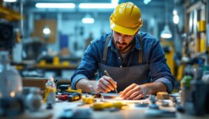 A photograph of a skilled lighting contractor examining various light fixture hardware components