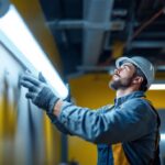 A photograph of a lighting contractor expertly replacing a 4-foot fluorescent bulb with a sleek led fixture in a commercial setting