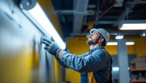 A photograph of a lighting contractor expertly replacing a 4-foot fluorescent bulb with a sleek led fixture in a commercial setting