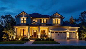 A photograph of a beautifully illuminated front of a house at dusk