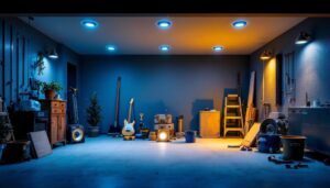A photograph of a well-lit garage featuring recessed lights in various stages of installation