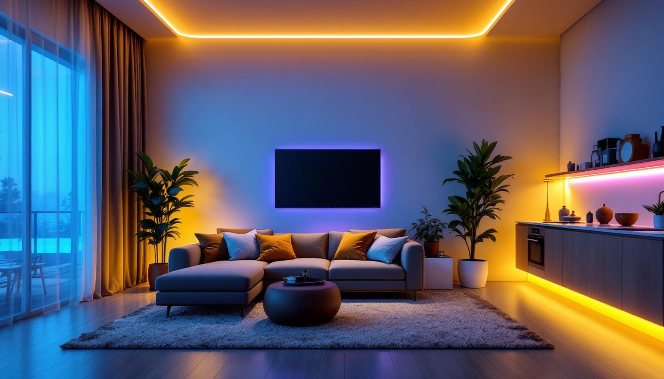 A photograph of a vibrant 2-foot led strip light elegantly illuminating a modern living space