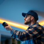 A photograph of a skilled lighting contractor installing recessed lighting in a modern home setting