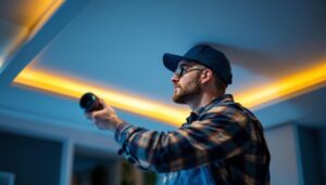 A photograph of a skilled lighting contractor installing recessed lighting in a modern home setting
