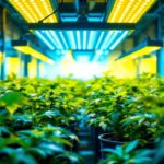 A photograph of a well-lit indoor grow space showcasing a variety of commercial grow lights in action