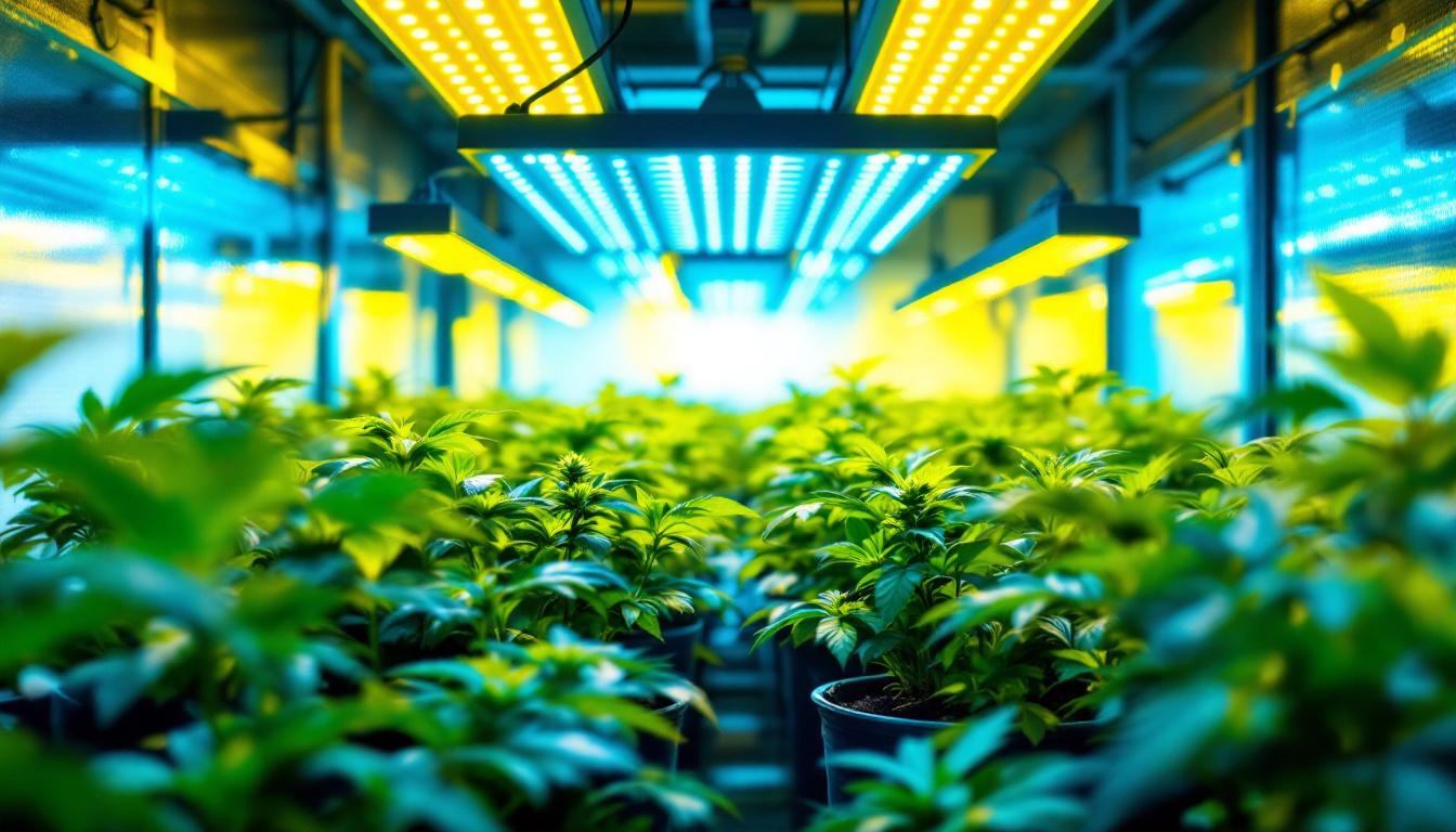 A photograph of a well-lit indoor grow space showcasing a variety of commercial grow lights in action