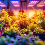 A photograph of a well-lit indoor gardening setup showcasing a variety of thriving plants under commercial led grow lights