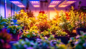 A photograph of a well-lit indoor gardening setup showcasing a variety of thriving plants under commercial led grow lights
