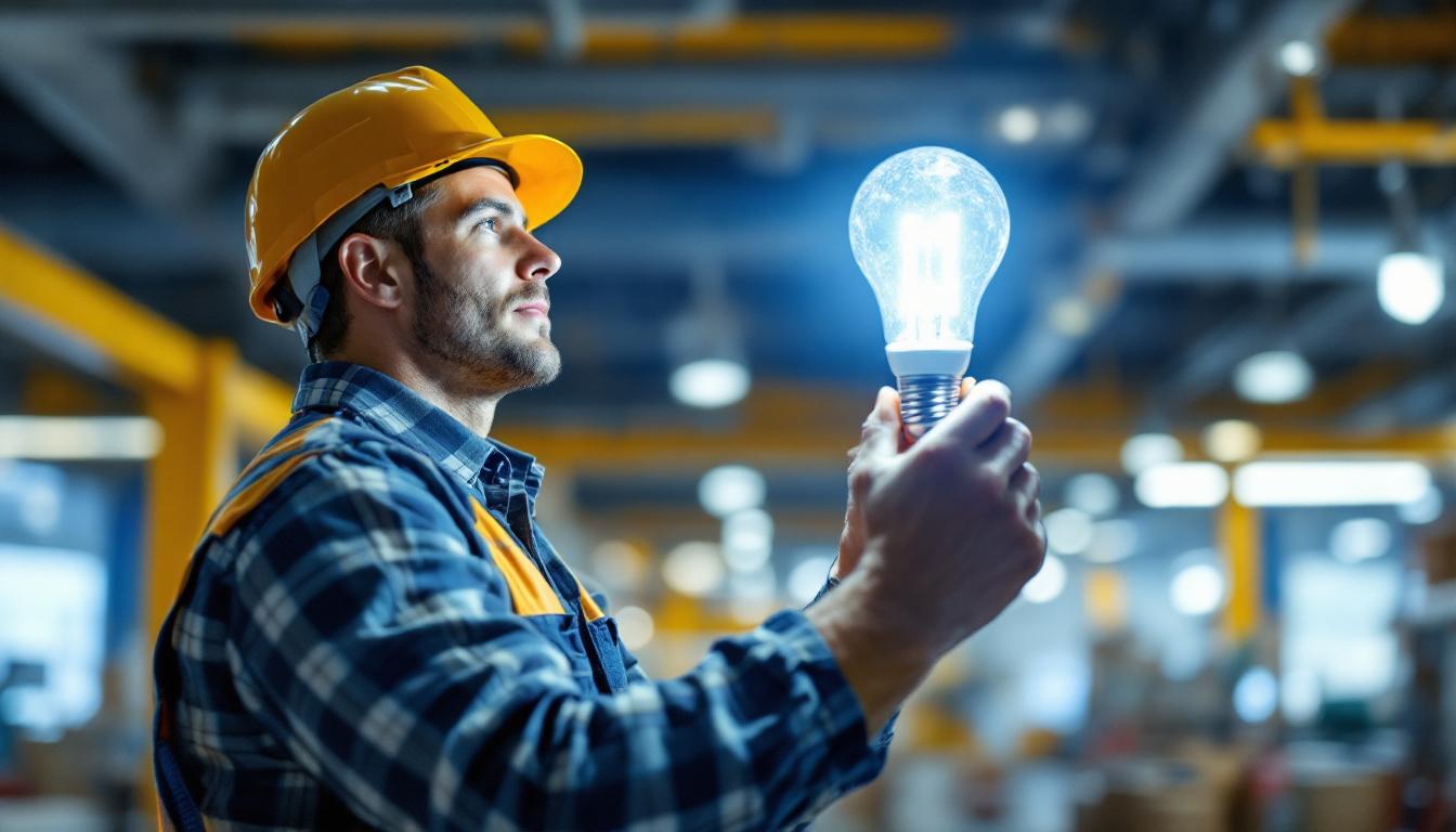 A photograph of a lighting contractor installing a 4-foot led bulb in a commercial setting