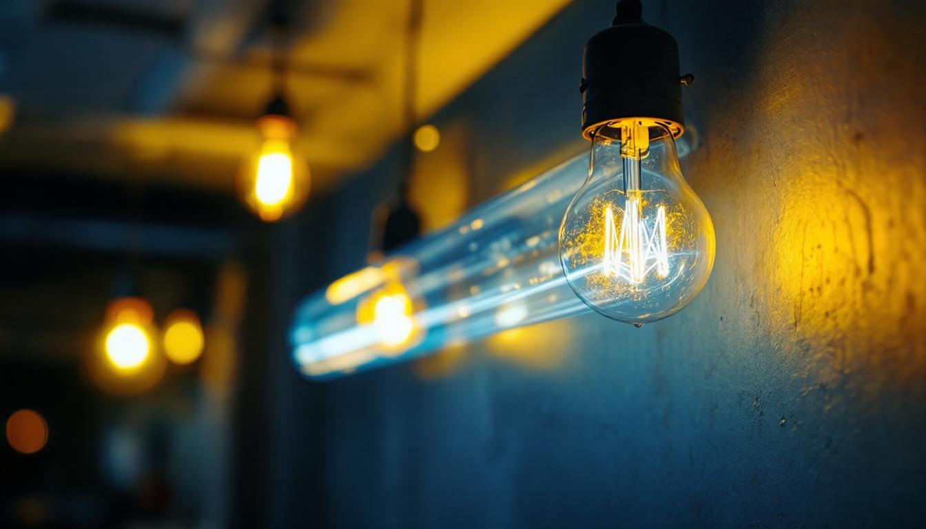 A photograph of a vintage fluorescent light bulb illuminated in a modern setting