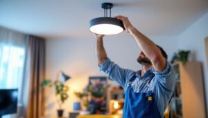 A photograph of a lighting contractor installing a sleek