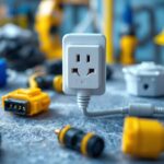 A photograph of a well-organized workspace featuring a hospital-grade plug prominently displayed alongside essential lighting contractor tools