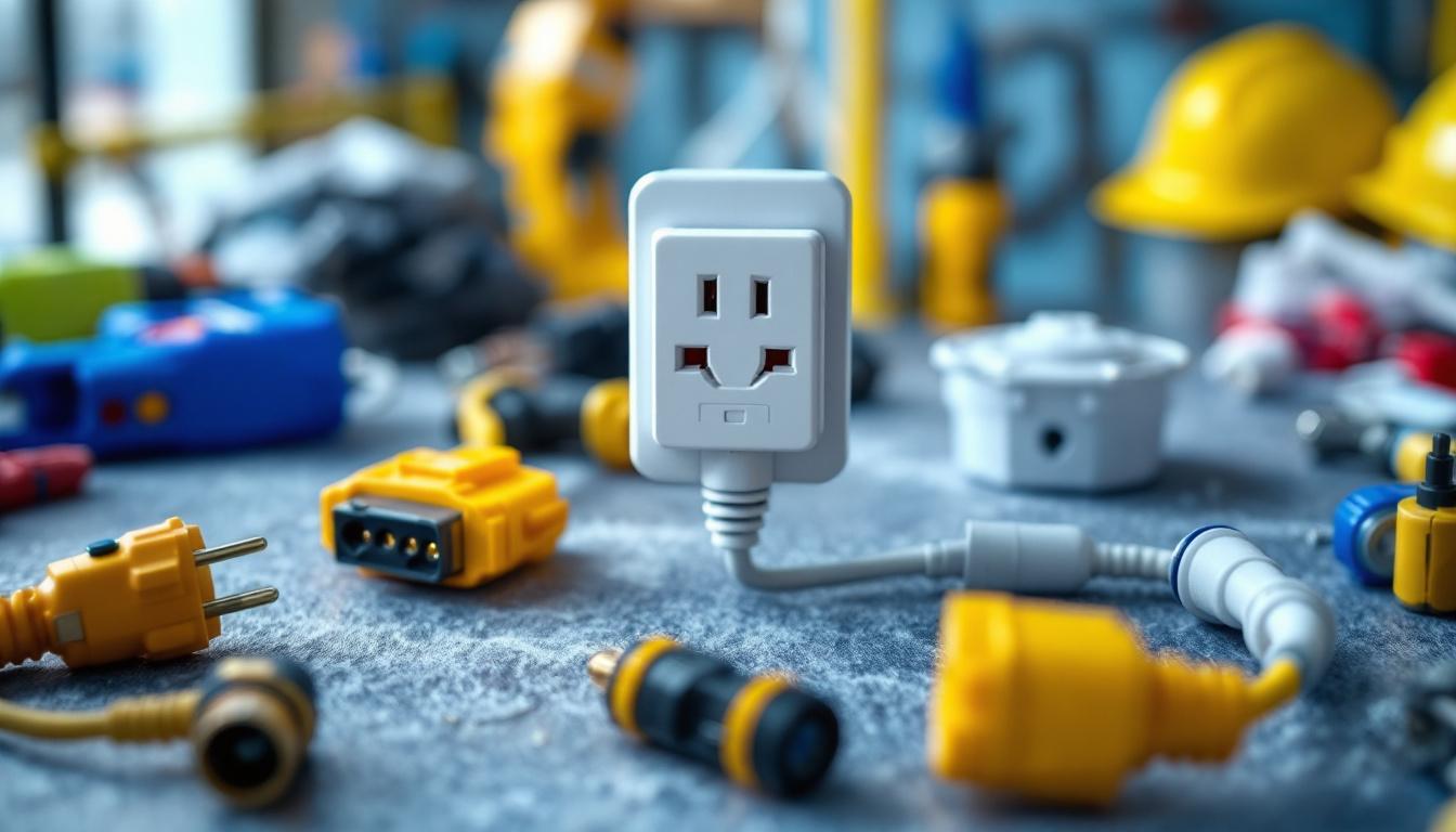 A photograph of a well-organized workspace featuring a hospital-grade plug prominently displayed alongside essential lighting contractor tools